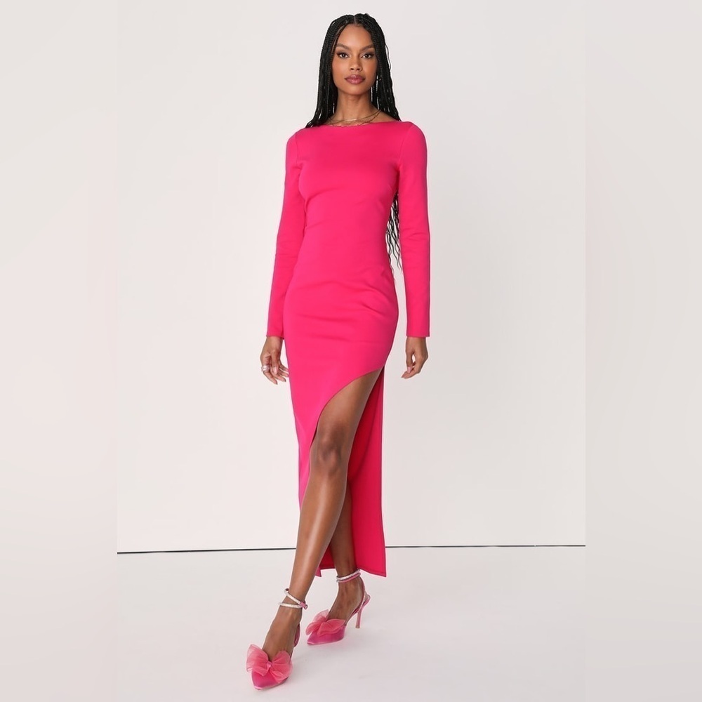 NEW Lulus Dreaming About You Hot Pink Maxi Dress Slit Bodycon Medium NWT